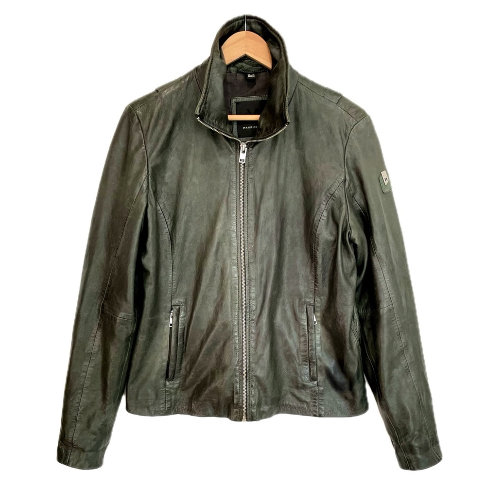 Mauritius Lambskin Leather Jacket Womens Size 12 Large Dark Grey Green Full Zip - Picture 14 of 15